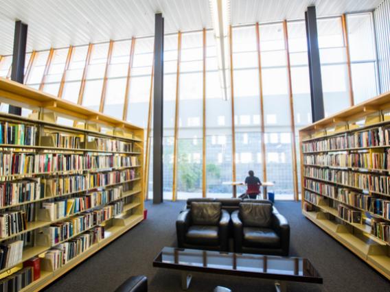 wide view of a person sitting at a desk in the distance with a wall of books on each side